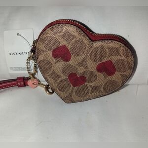 Coach Heart-Shaped Signature And Heartprint Tan and Red Wristlet .Cf283